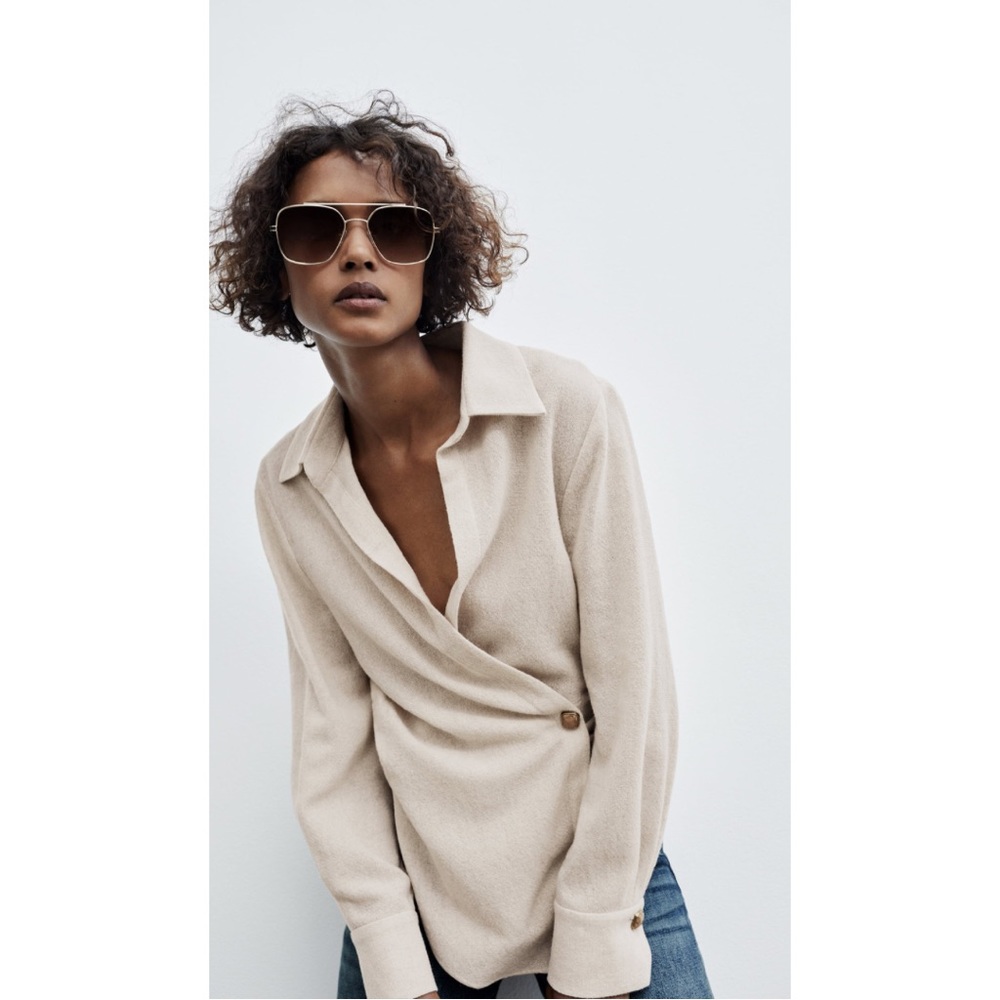 ZARA Tan/ Cream Double Breasted Shirt